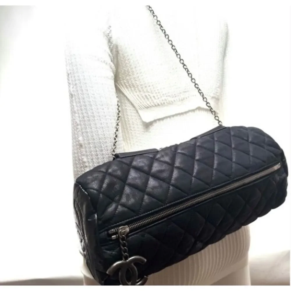 Chanel Black 3-way Leather & Patent Bag w/ Huge CC Charm /Runway Barrel Bag
